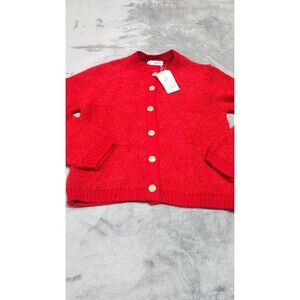 Mango Medium Red Curly Knit Cardigan Jewel Buttons NWT Crochet Long Sleeve Jewel